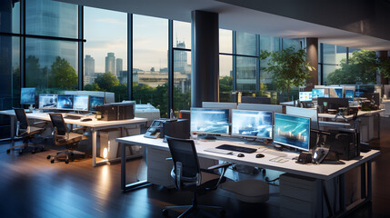 Fototapeta premium A call center - office - sleek workstations, and a bright, inviting atmosphere. Expansive space, serense vibe. Computers, bureau, data. - Generative AI
