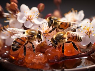 A captivating macro view of a busy beehive, with worker bees tirelessly collecting nectar from a variety of flowers generative ai