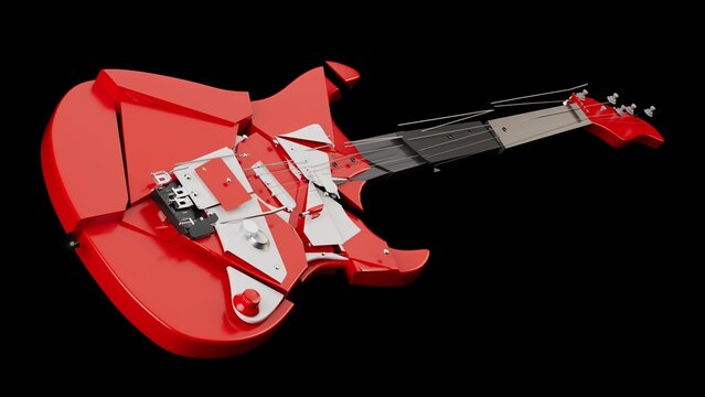 3D render red guitar broken into pieces on a black background
