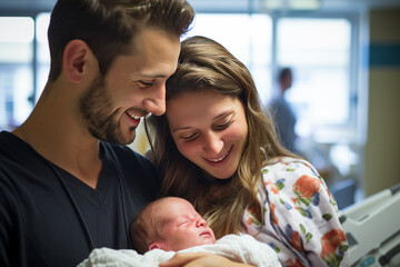 Obraz premium Mother and father with newborn. Generative AI.