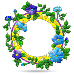 Illustrations in stained glass style with flower wreath, flower frame isolated on a white background