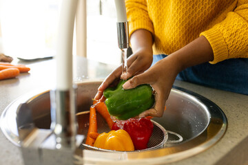 Hands of plus size african american woman rinsing vegetables in kitchen