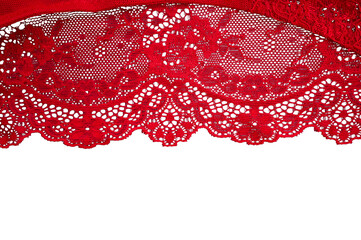 Red lace isolated on white background. red lace fabric, texture, background, pattern.
