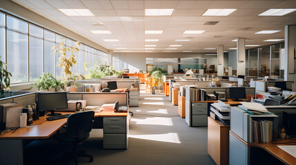 A call center - office - sleek workstations, and a bright, inviting atmosphere. Expansive space, serense vibe. Computers, bureau, data. - Generative AI - obrazy, fototapety, plakaty