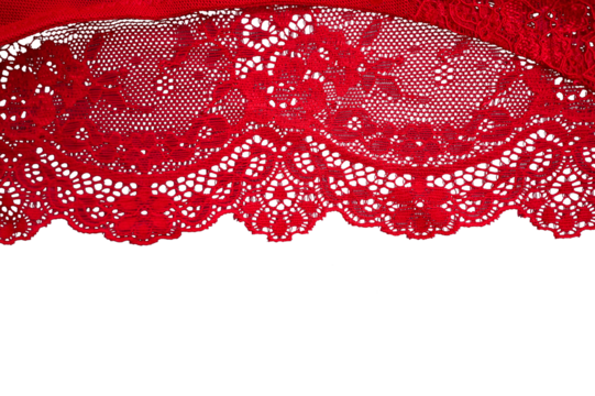 Red lace isolated on white background. red lace fabric, texture, background, pattern.