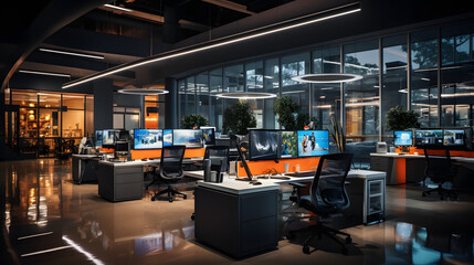 A call center - office - sleek workstations, and a bright, inviting atmosphere. Expansive space, serense vibe. Computers, bureau, data. - Generative AI - Powered by Adobe
