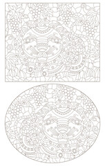 A set of contour illustrations with abstract cute lions, dark contours on a white background