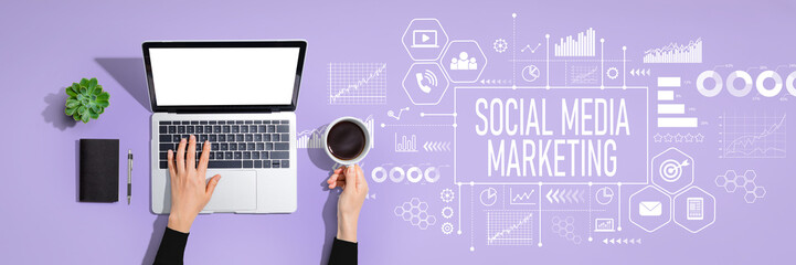 Social media marketing theme with person using a laptop computer