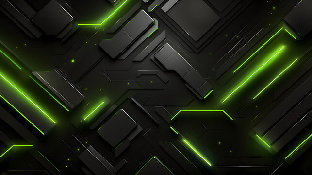 Futuristic Techscape: Abstract light neon green and Black Background with Flat Design, Ideal for illustrations, High-tech visuals, Contemporary flat design.  - Generative AI