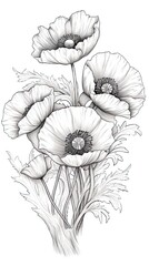 Cute Poppy flower in coloring page style illustration. Line art painting. Generative AI