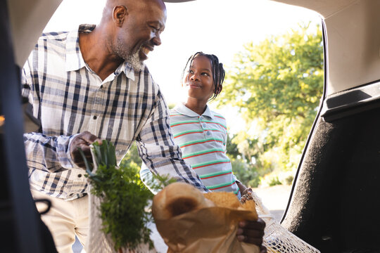 Happy African American Grandfather And Grandson Putting Groceries In Car