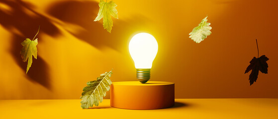 Fototapeta Light bulb on a podium with autumn leaves - 3D render obraz