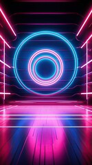 A futuristic neon stage with pulsating concentric circles, radiating an intense and captivating glow. Abstract futuristic neon light background. Generative AI