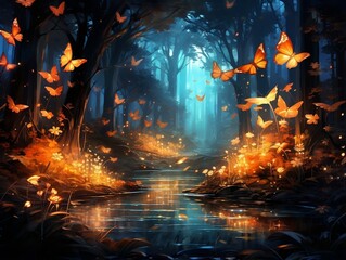 illustration painting with magical glowing night butterflies in the forest generative ai