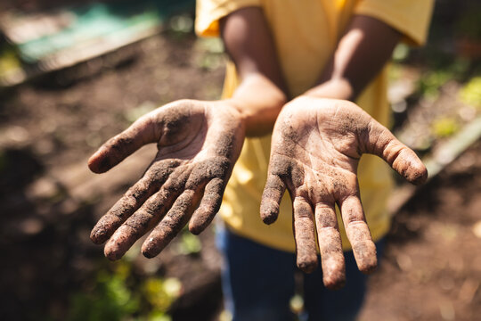 Midsection of african american boy showing his hands covered in ground in garden