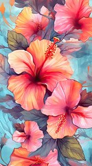Watercolor Hibiscus flower illustration. Colorful painting floral background. Generative AI