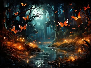 illustration painting with magical glowing night butterflies in the forest generative ai