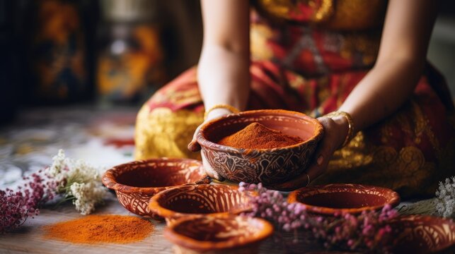 Hands holding a clay bowl with spices. Traditional Asian or Arabic market.