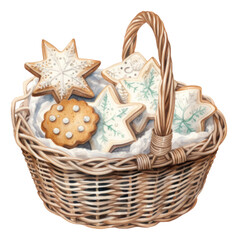 a Christmas wicker basket full with Christmas snowflake sugar cookies isolated.