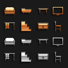 Set Staircase, Picture frame on table, Chair, Chest of drawers, Office desk, Wooden, Sofa and Bathtub icon. Vector