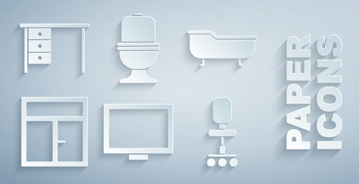 Set Picture frame on table, Bathtub, Window in the room, Office chair, Toilet bowl and desk icon. Vector