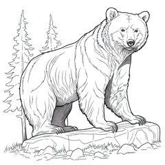 Brown bear animal line art illustration. Black and white coloring page style art. Generative AI