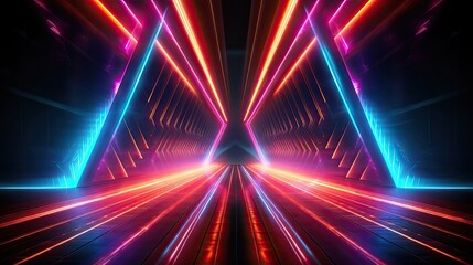 An enchanting neon stage design with radiating starbursts of light, emanating a magical and enchanting glow. Abstract futuristic neon light background. Generative AI