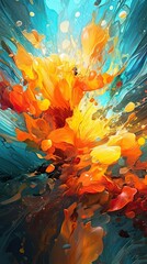Obraz na płótnie Canvas A dynamic abstract composition with fluid lines and splashes of vibrant colors, radiating energy and spontaneity. Colorful illustration art. Generative AI