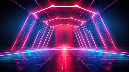 An immersive neon stage design with intricate octagonal patterns, casting a captivating glow on the performers and surroundings. Abstract futuristic neon light background. Generative AI