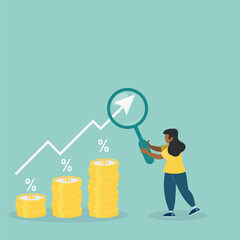 Businesswoman hold magnifying with pile of coins symbol. Interest rate hike due to inflation percentage rising up. Flat vector illustration.
