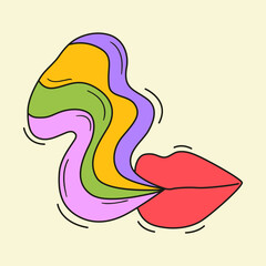 Colorful groovy lips and rainbow smoke in 70s and 60s style. Vintage hippie art. Psychedelic seventies mouth. Funky vector graphic design