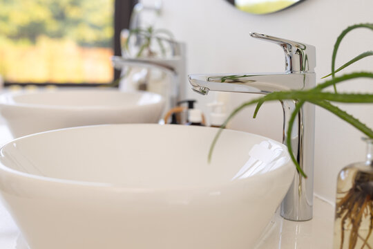 Close up of round white washbasins and plant in bathroom