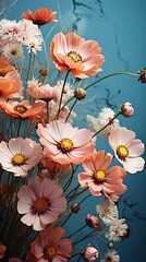 Cosmos flower illustration. Floral vintage greeting card background. Generative AI