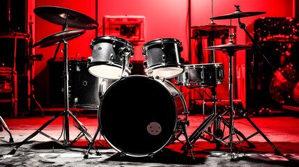 Fototapeta na wymiar drummer in the stage with red background 