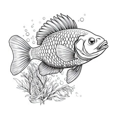 Perch fish animal line art illustration. Black and white coloring page style art. Generative AI