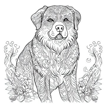 Rottweiler animal line art illustration. Black and white coloring page style art. Generative AI