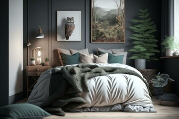 A 3D rendering of a bedroom interior mockup with 3D illustration elements. Generative AI
