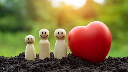 The concept of health insurance and medical welfare. Model wooden house and red heart with plus...