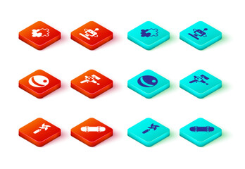 Set Pinwheel toy, Skateboard, Beach ball, Ray gun, Robot and Puzzle pieces icon. Vector