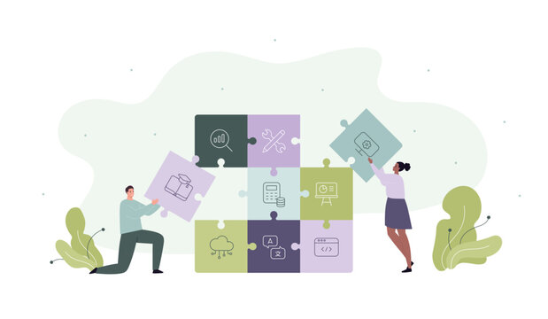 Hard skill and education concept. Vector flat design illustration. Diversity team of male and female employee make puzzle of technical, business, management, economical, design skills symbols.