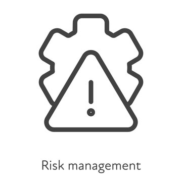 Outline style ui icons hard skill collection. Management and business. Vector black linear icon illustration. Gear wheel with exclamation point risk magement symbol isolated on white background.