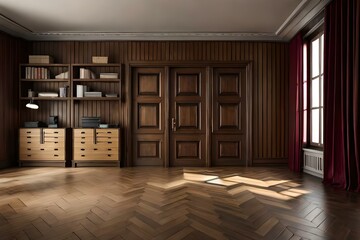 Room with wooden floor and wall. studio background. Generative AI