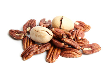 Pecan nuts in shell and peeled pecan kernels isolated on white background. Pecans boast a rich, buttery flavor with a hint of nuttiness