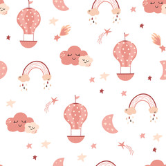 Seamless children pattern with rainbows, hot air balloons, moon and stars. Baby pattern with night sky. Fabric design. Wallpaper. Vector illustration.