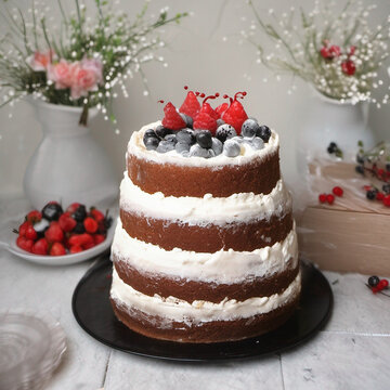 Plate with delicious homemade chocolate cake on table