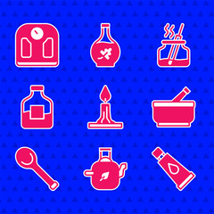 Set Burning candle, Teapot with leaf, Cream or lotion cosmetic tube, Mortar pestle, Sauna ladle, Bottle of vodka, Aroma diffuser and Bathroom scales icon. Vector