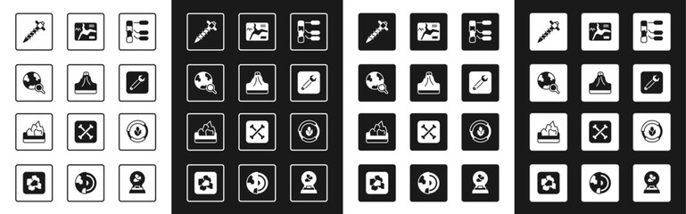 Set Soil analysis, Volcano, Magnifying glass with globe, Construction jackhammer, Wrench spanner, Topographic map, and Ore mining icon. Vector