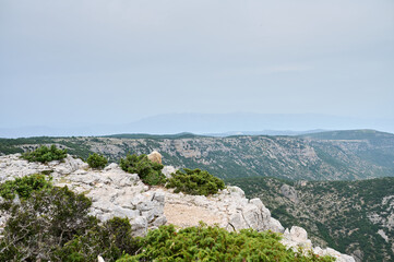 View from Vidova gora on island Brač in Croatia. View of island Hvar. Top of the mountain. Scenery of island Brač.