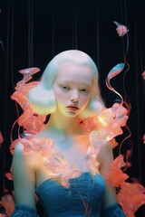 Fototapeta premium A beautiful, surreal portrait of a woman with glowing white hair and a psychedelic, neon holographic interface radiates a futuristic and abstract beauty