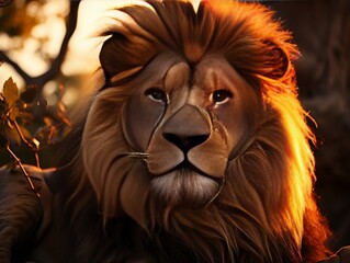 Naklejka premium A lion in the savannah at sunset, male lion, king of the wilderness generative ai
